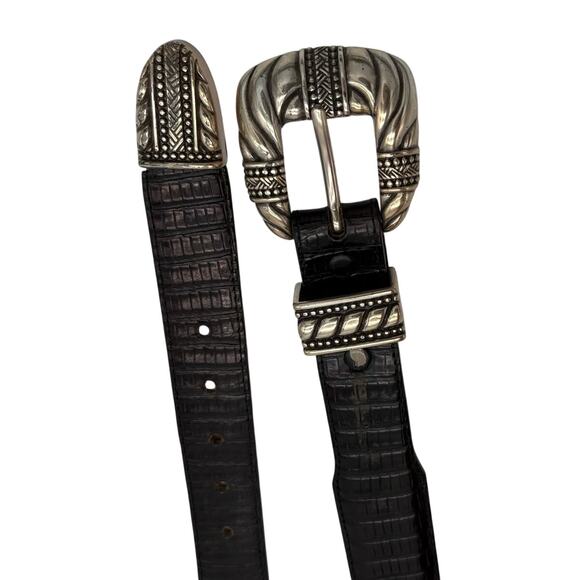 Vintage 90s Onyx Croc Embossed Western Leather Belt Black Silver Tone Size 32 main image 6